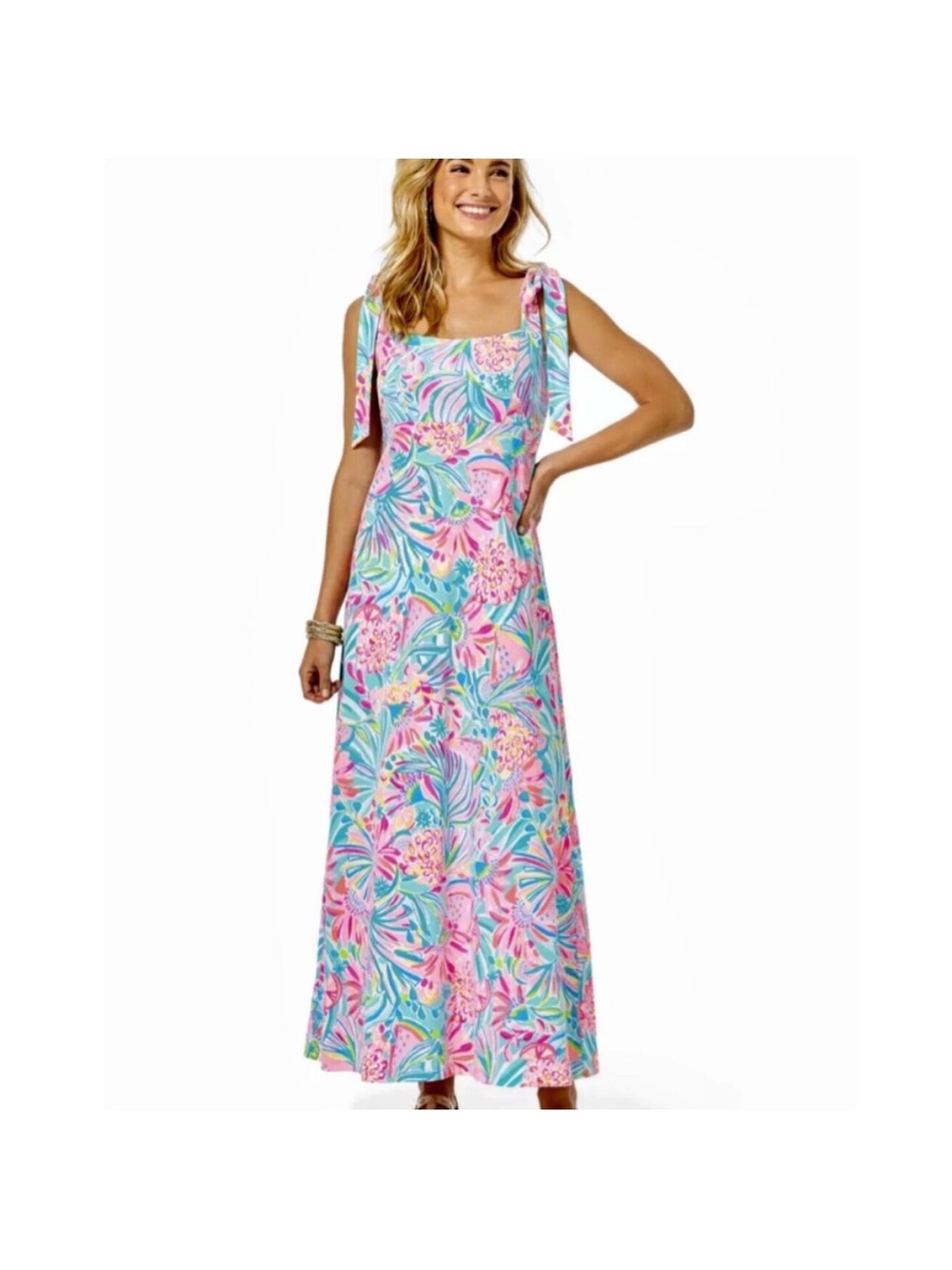 Lilly Pulitzer Pink Multi Floral Tie-Shoulder Maxi Dress